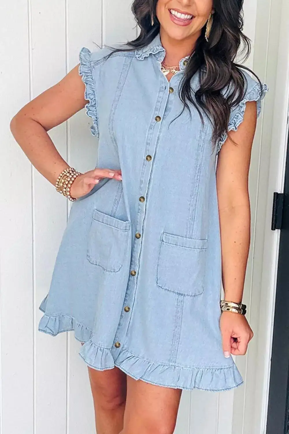 Denim Pocketed Ruffle Dress Casual