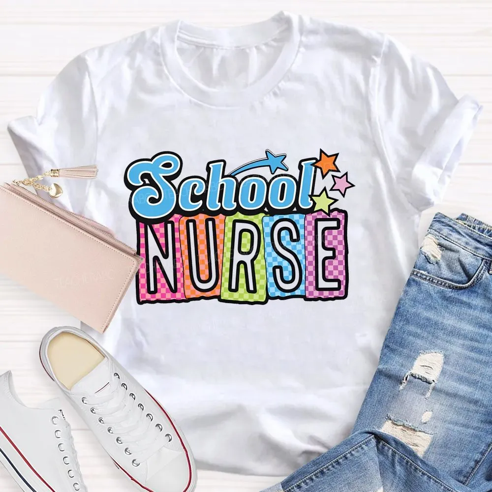School Nurse Colorful Letters Graphics  Teacher T-Shirt