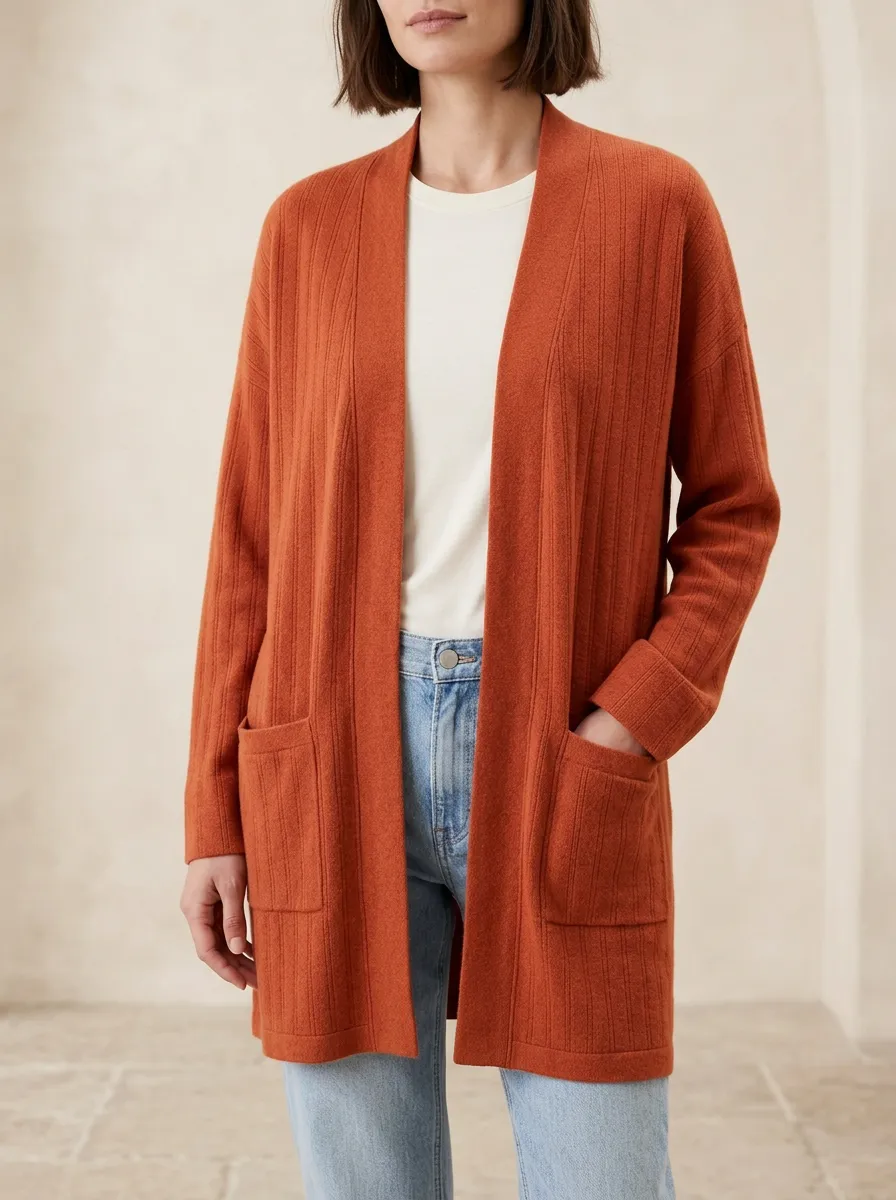 Classic Ribbed-Knit Open-Front Knit Cardigan