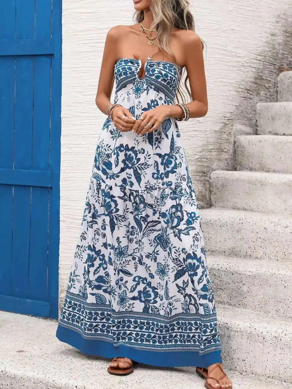 Smocked Strapless Floral Maxi Dress