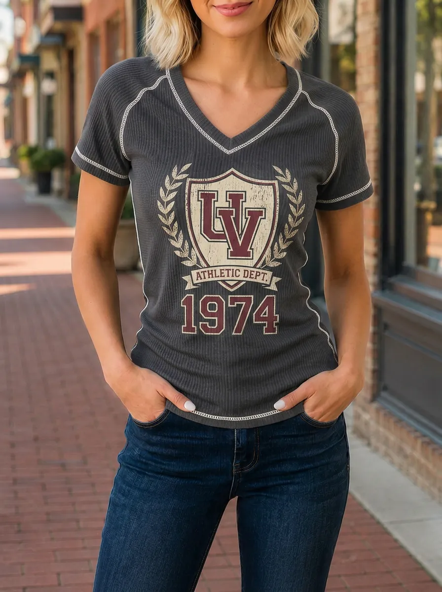 Women's Vintage Athletic Dept 1974 Shield Printed V-Neck T-Shirt
