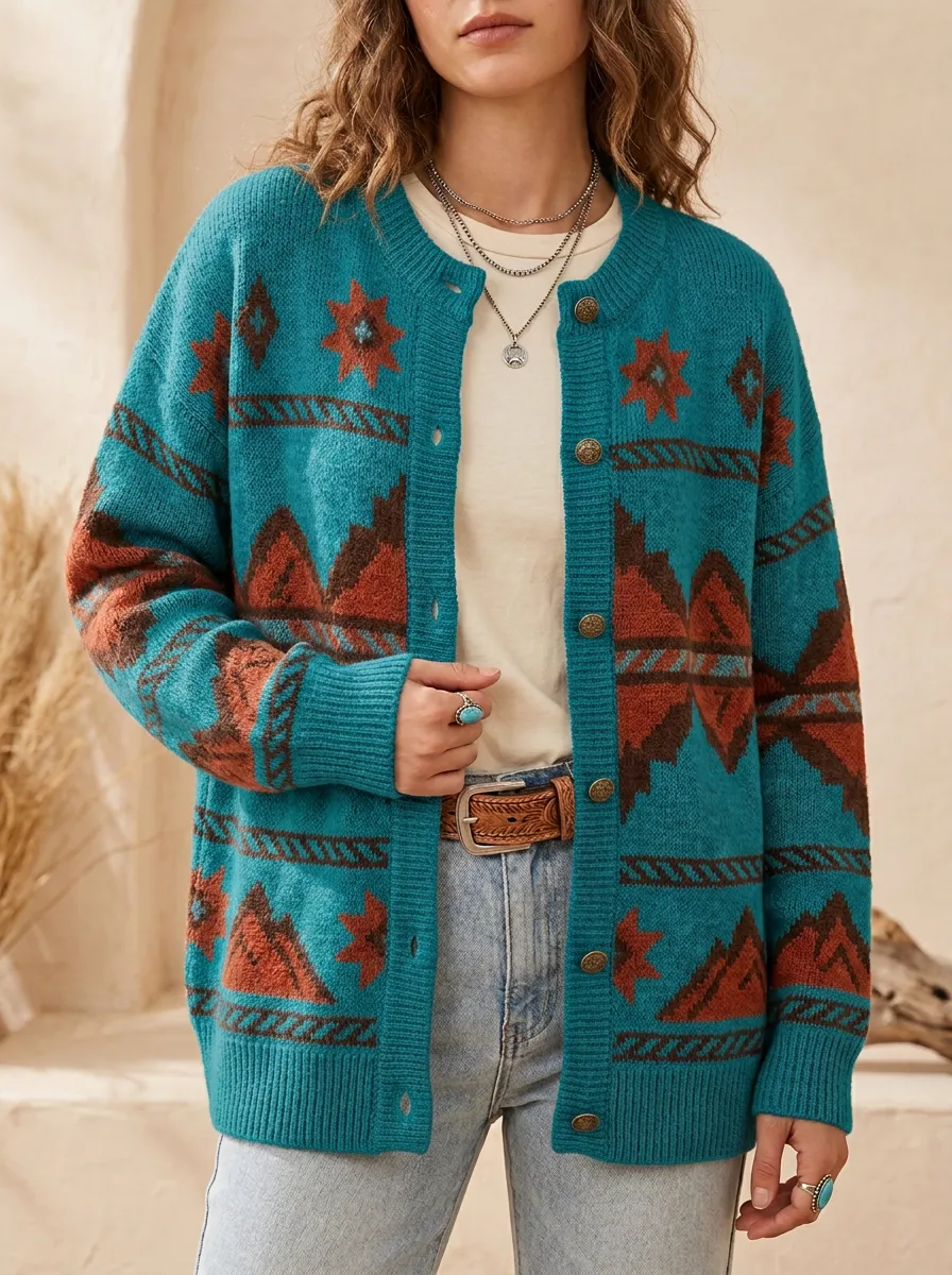 Women's Western Boho Geometric Star Pattern Knitted Cardigan