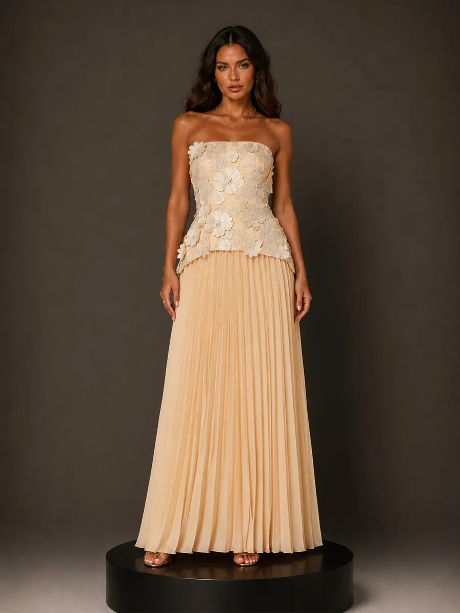Isla Elegant Floral Strapless Top and Maxi Skirt Two-Piece Set