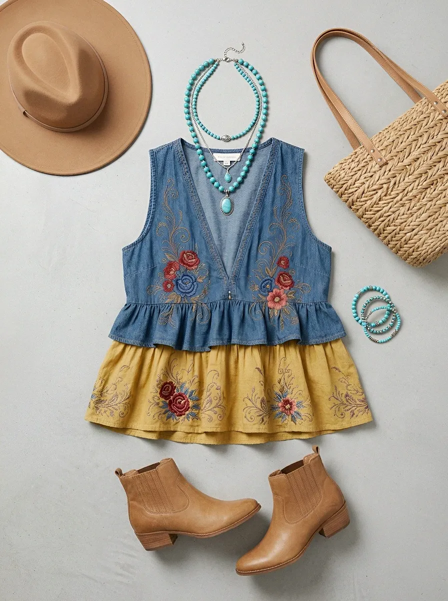 Women's Boho Floral Embroidered Ruffle Printed Short Sleeve Top