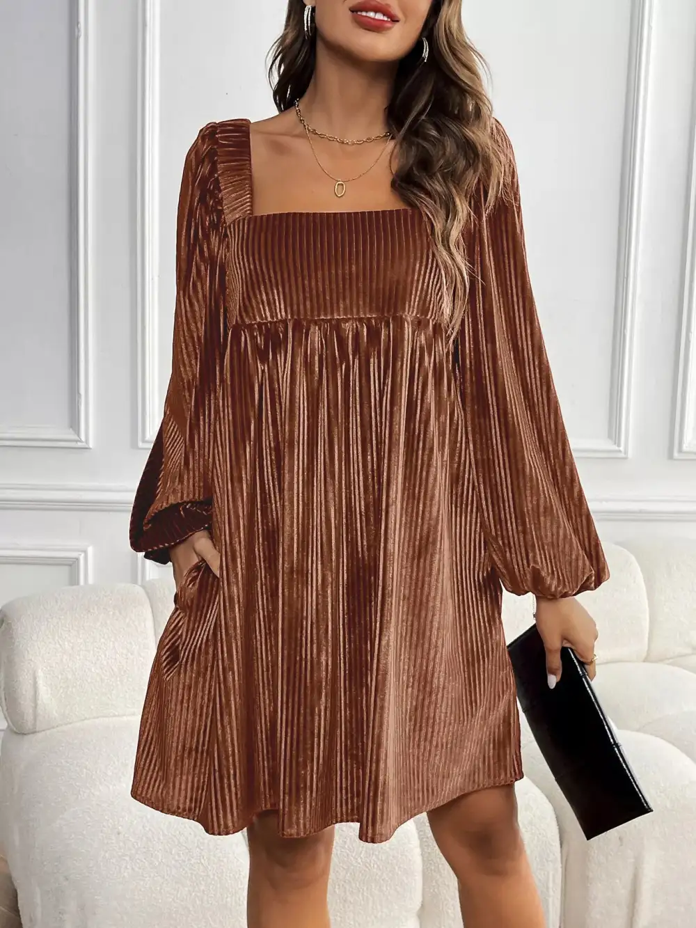 Square Neck Long Sleeve Casual Dress