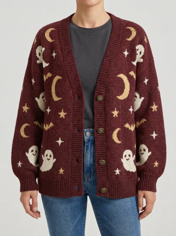 Women's Halloween Ghost Moon Star Pattern Knitted Cardigan