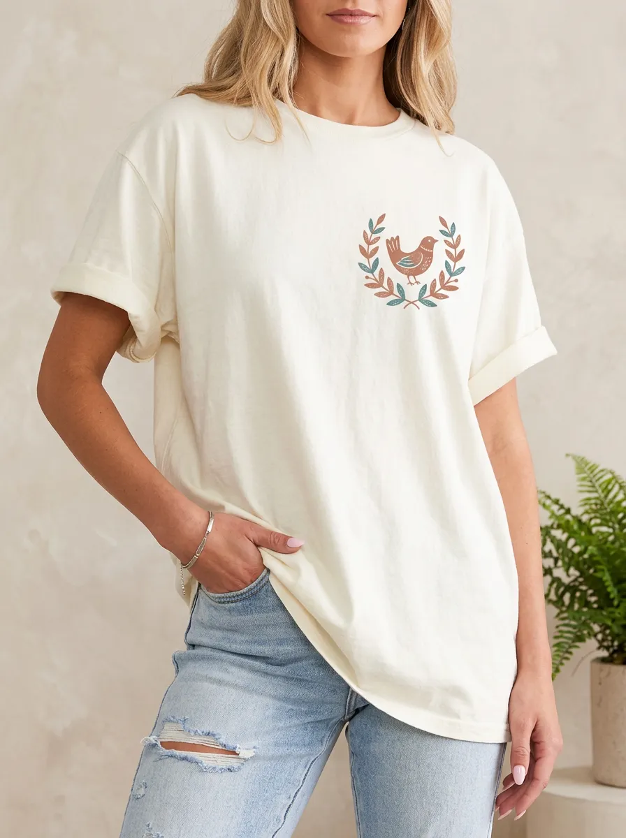 Women's Nature Lover Bird Wreath Printed T-shirt