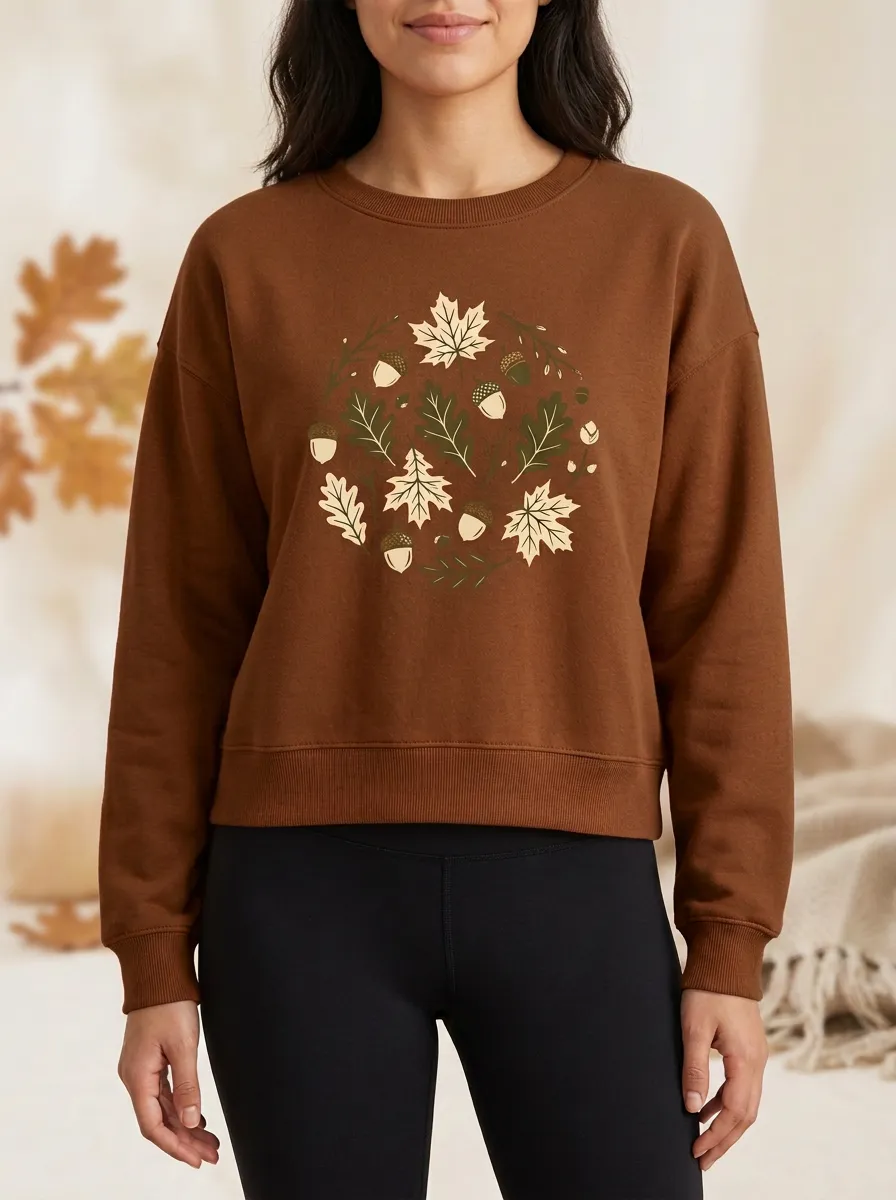 Soft Printed Acorn Leaf-Motif Graphic Sweatshirt