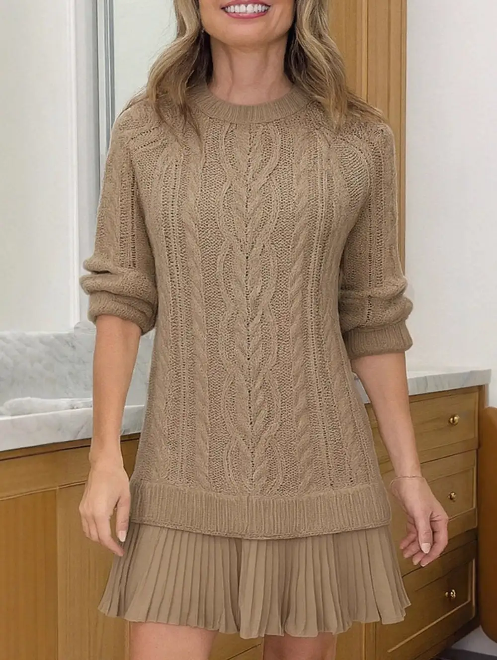 Cable Knit Chiffon Patchwork Mini Dress