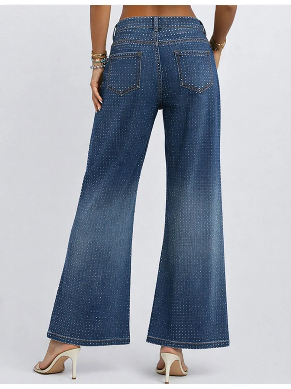 Chic Rhinestone Sparkle Button Wide Leg Denim Pants