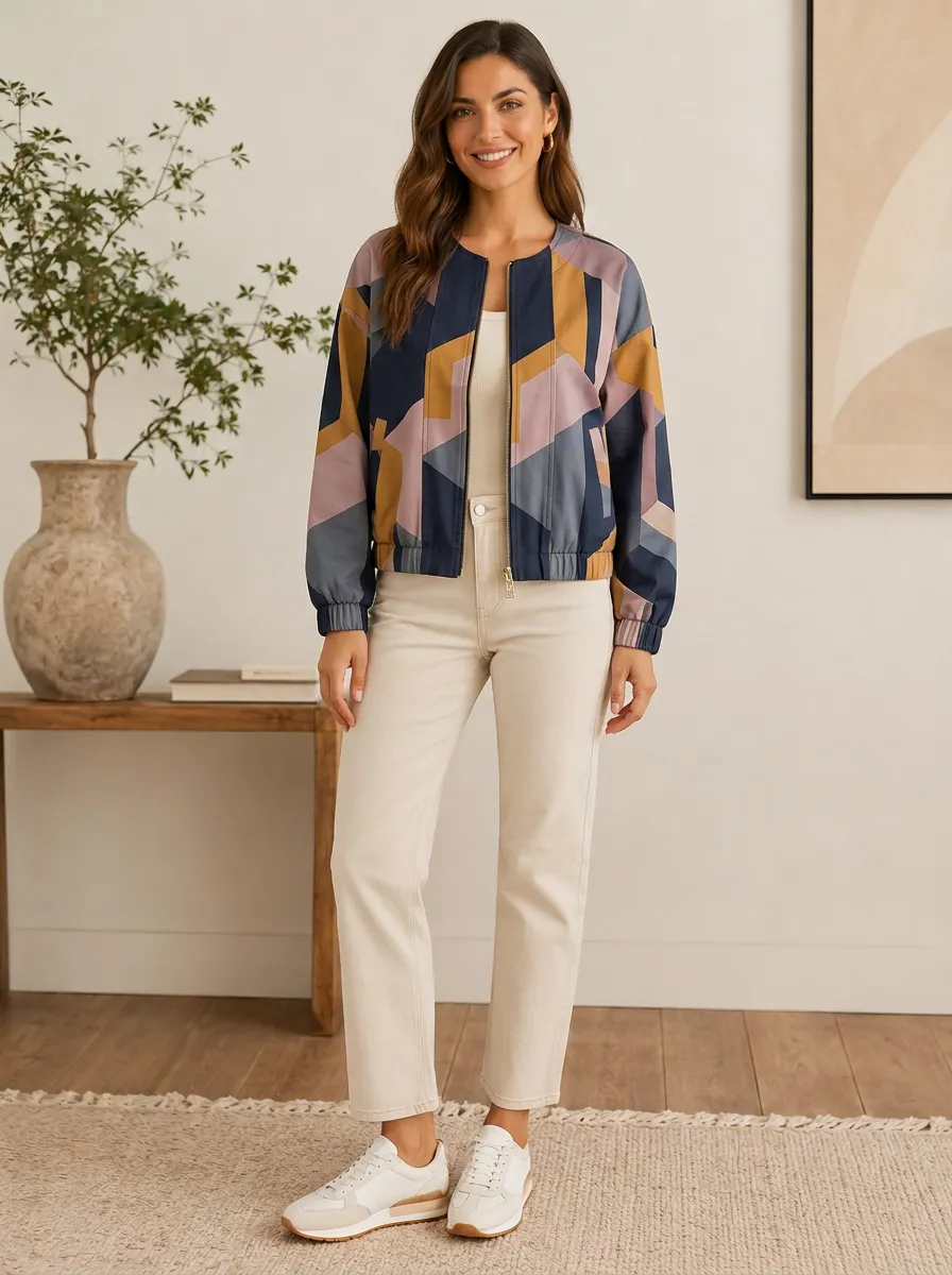 Women's Geometric Abstract Collarless Bomber Jacket