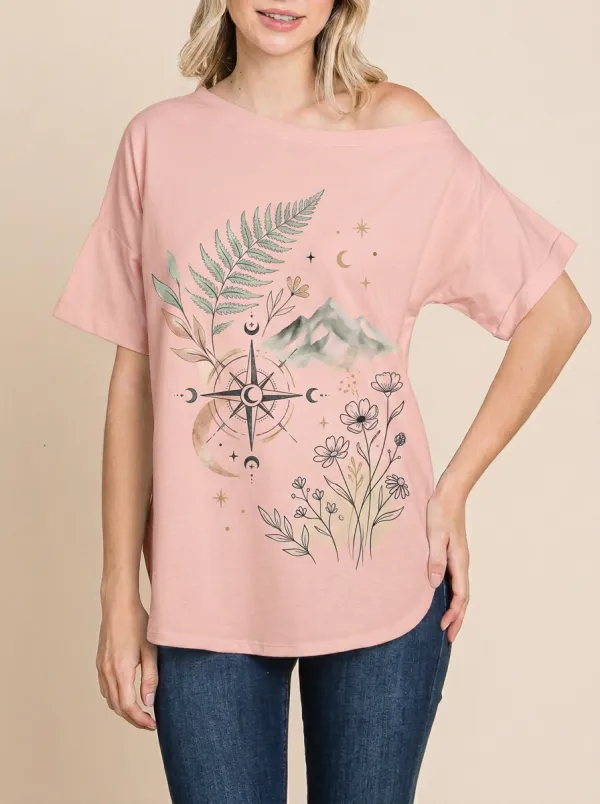Women's Boho Nature Lover Compass Mountain Floral Printed T-shirt