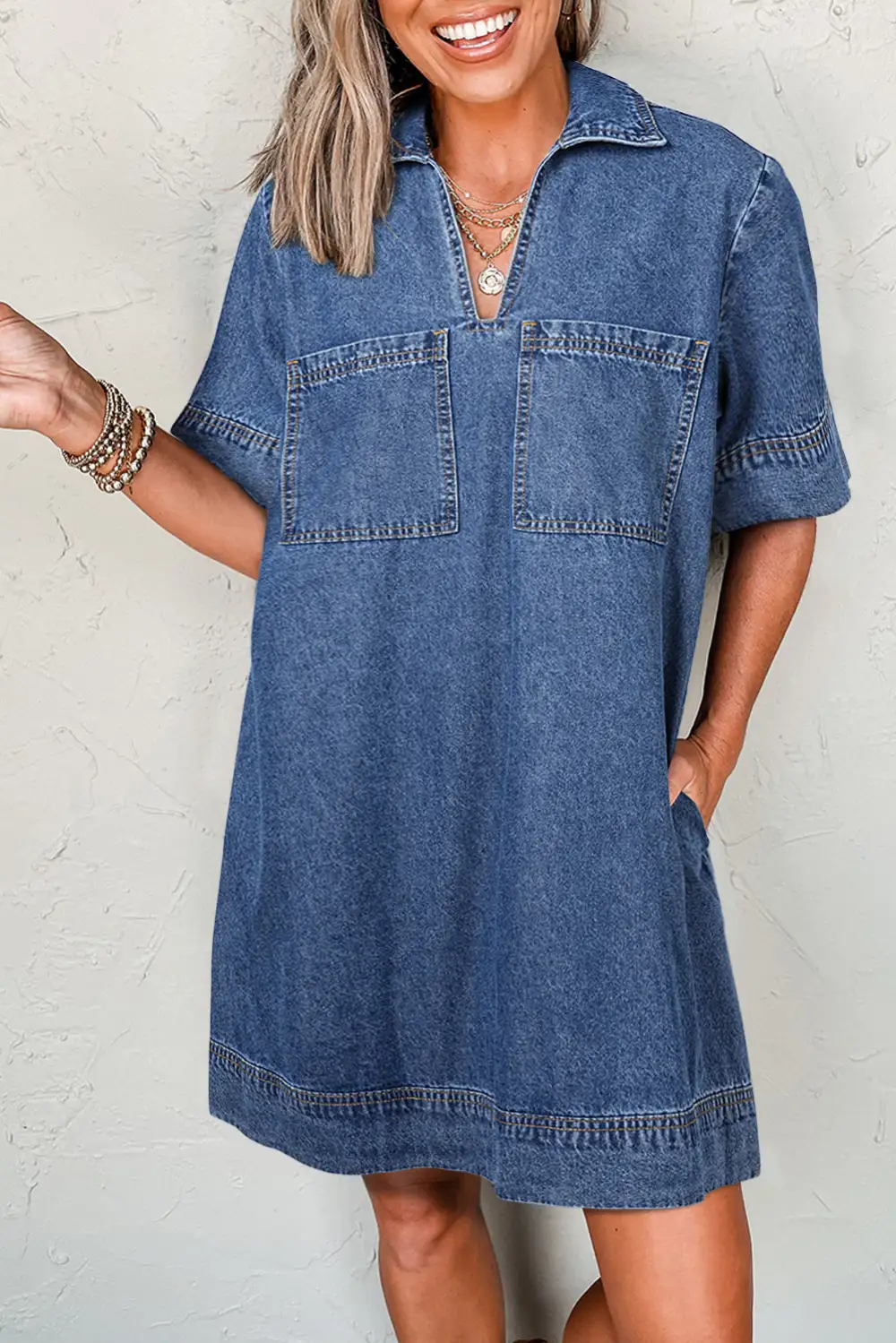 Denim Look Pocket Detail Collared Mini Dress