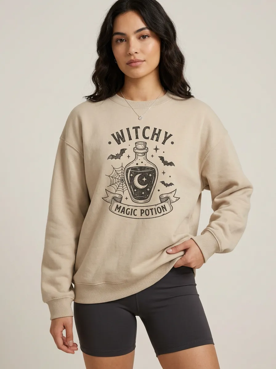 Women's Halloween Witchy Magic Potion Bat Printed Sweatshirt