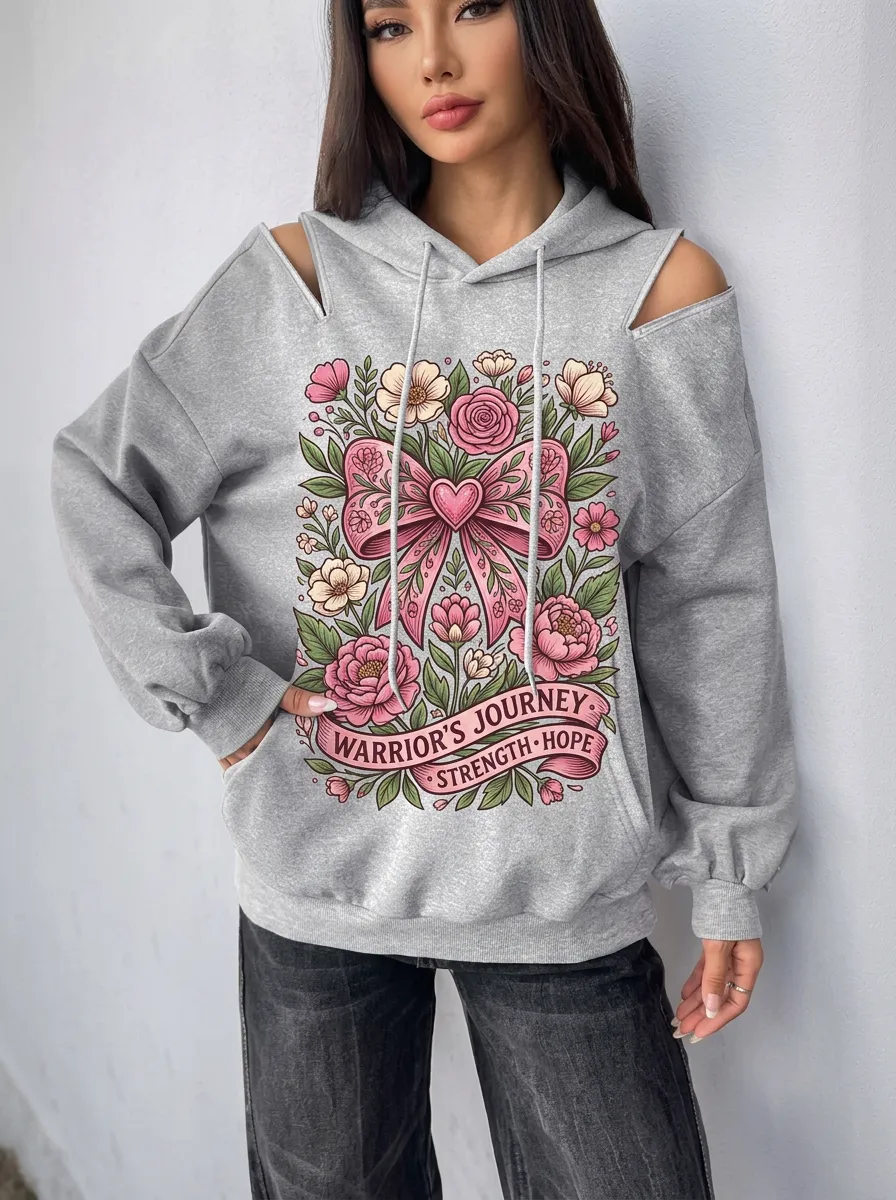 Women's Breast Cancer Warrior Floral Bow Printed Cold Shoulder Hoodie
