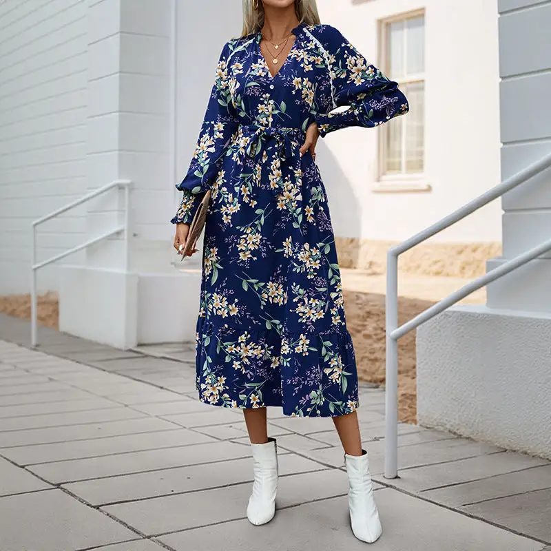 Women's Fitted V-Neck Long-Sleeve Floral Dress