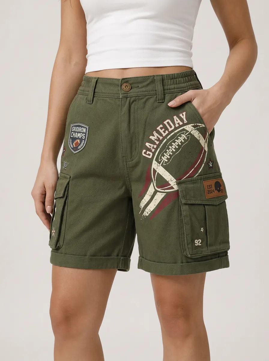 Women's Football Fan Gameday Gridiron Printed Cargo Shorts