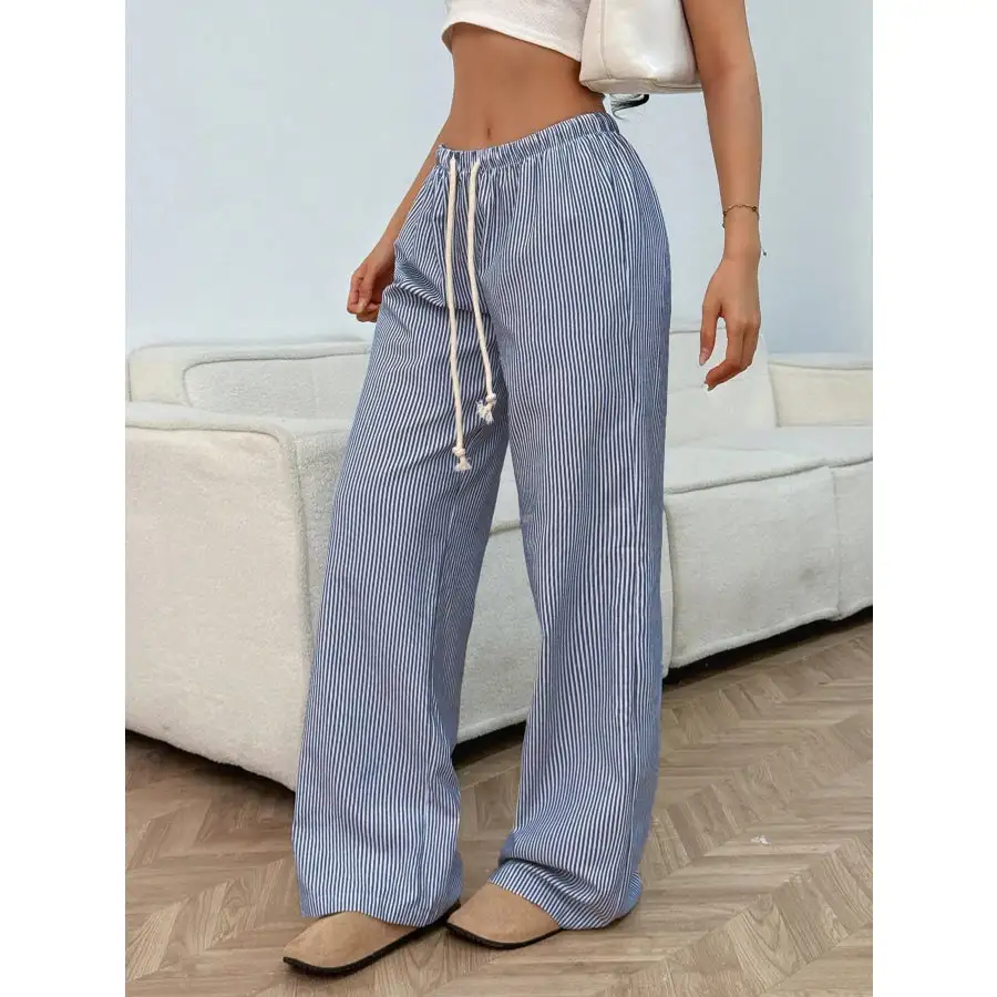 Drawstring Striped Wide Leg Pants