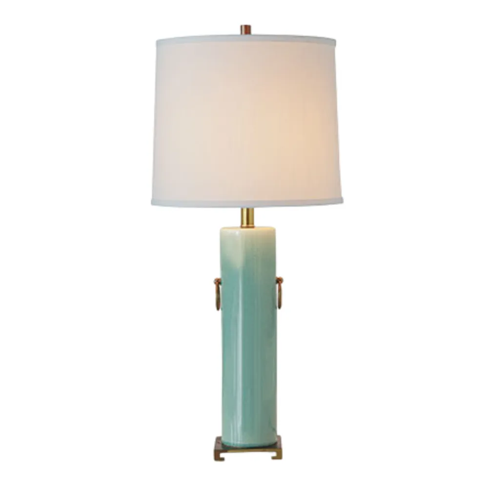 Brass-Trim Porcelain Drum-Shade Lamp