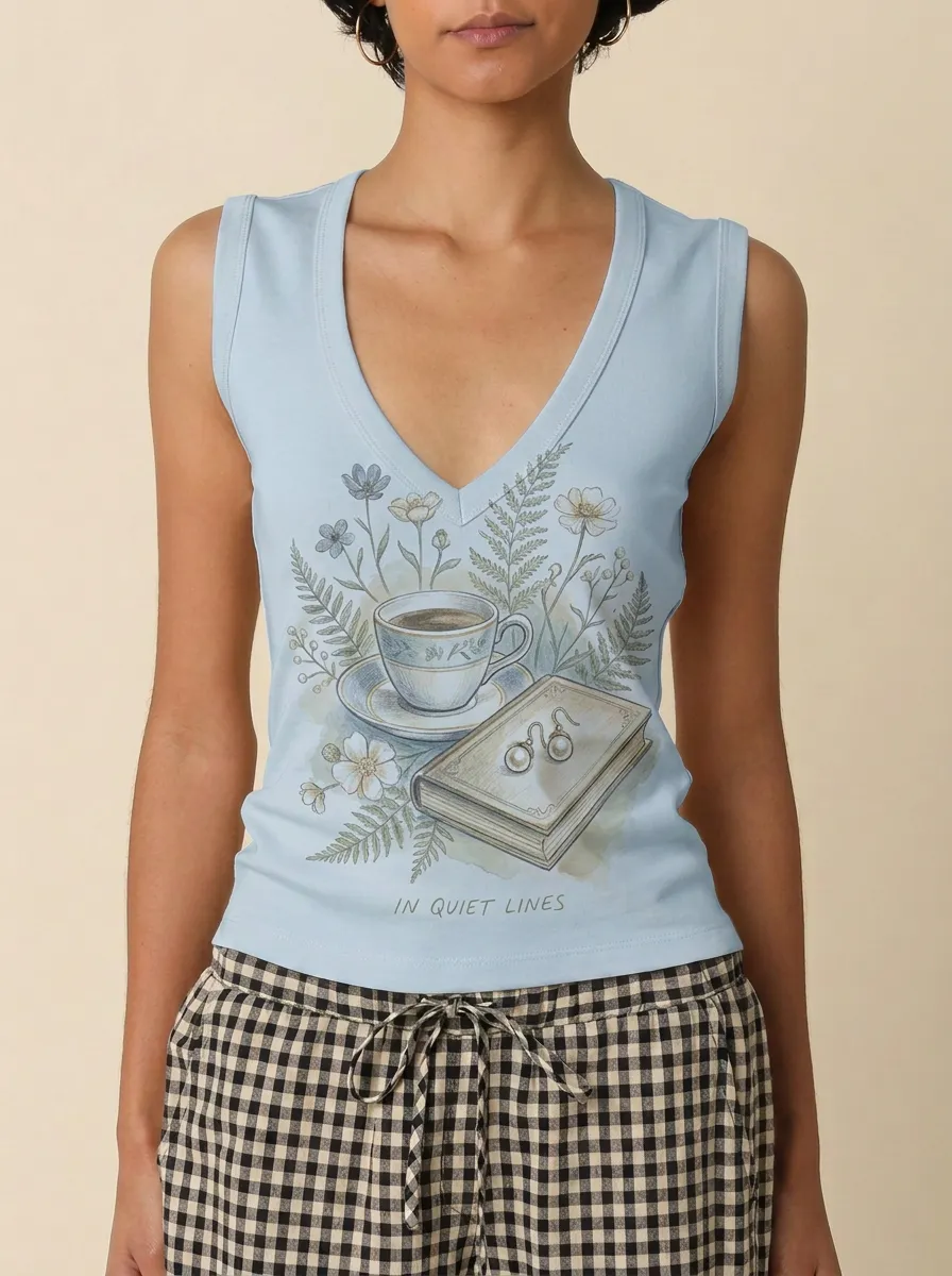 Women's Book Lover Coffee Floral Printed V-Neck Tank Top