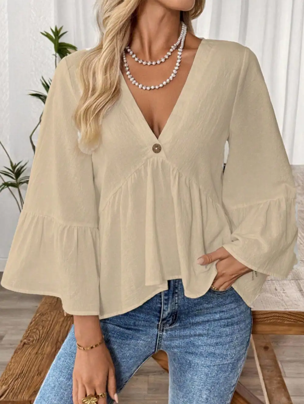 V Neck Ruffle Sleeve Cotton Blouse