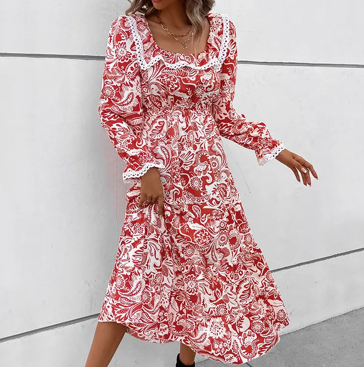 Women's Long-Sleeve Floral Ruffled Beach Maxi Dress