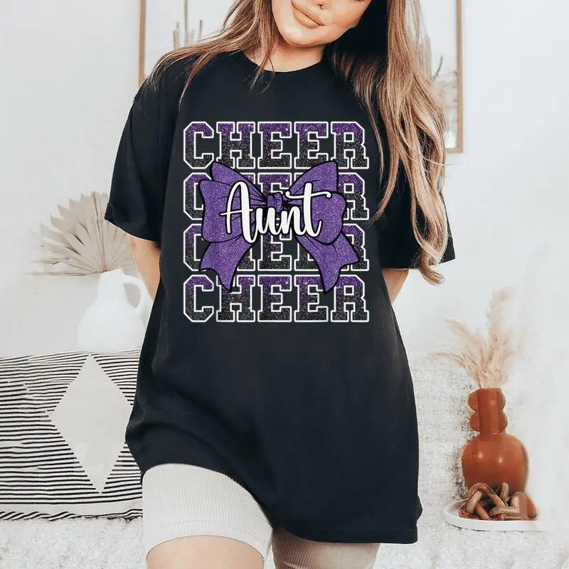 Cheer Aunt Auntie Bow Sport Cheerleader Cheerleading Purple Women's Oversized Comfort T-Shirt