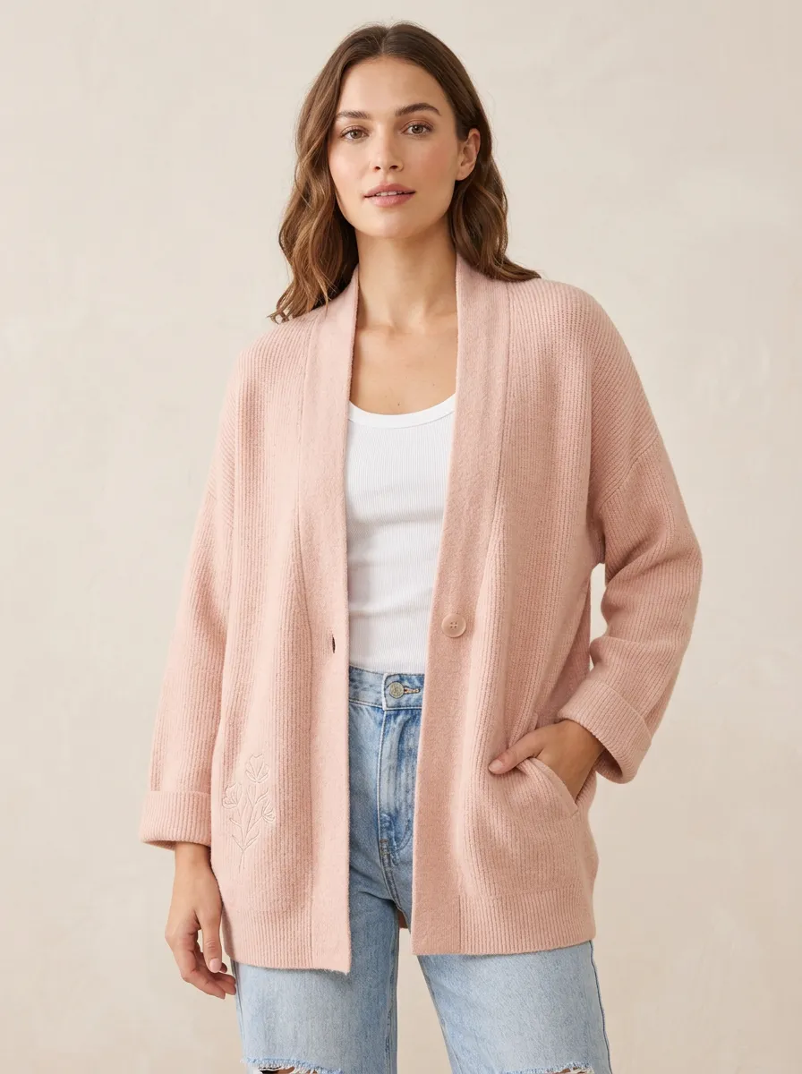 Women's Pink Floral Minimalist Embroidered Ribbed Knit Cardigan