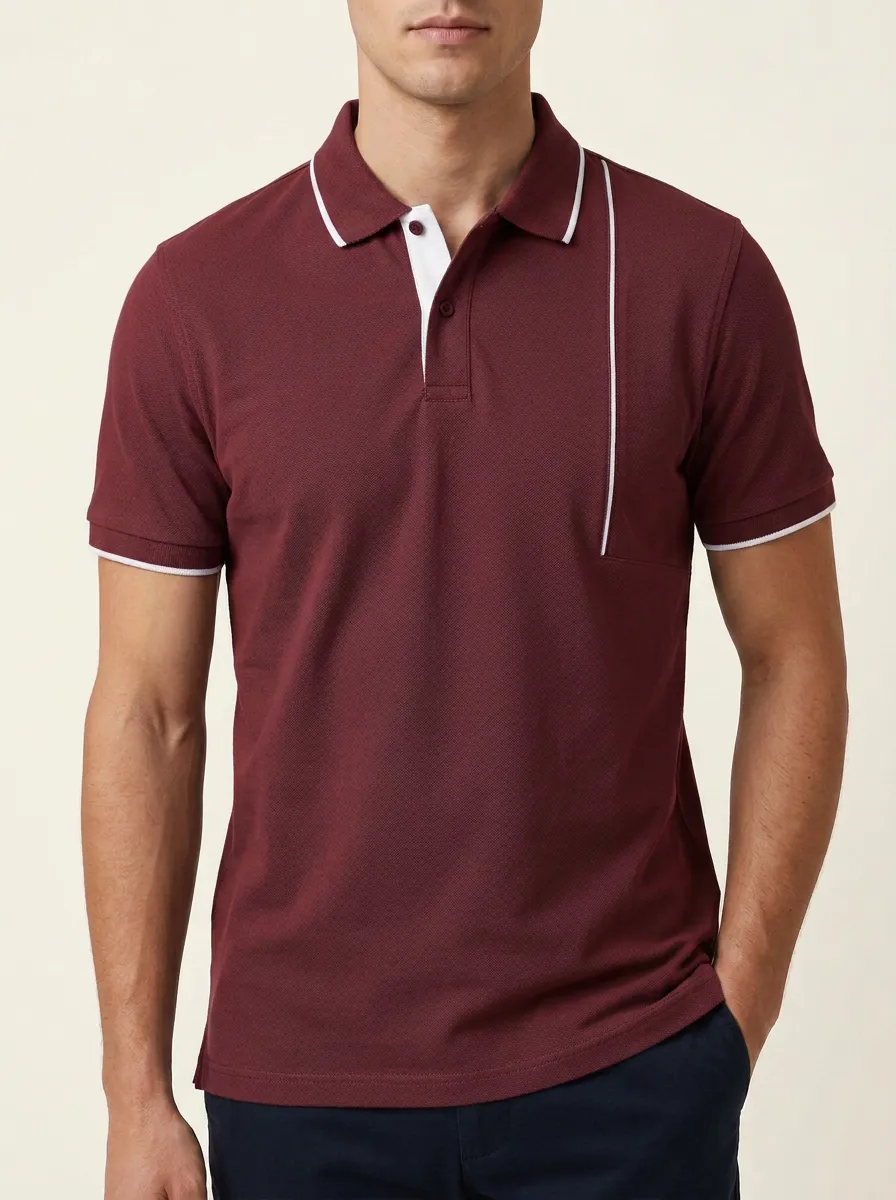 Men's Classic Knit Ribbed Textured Contrast-Piping Contrast-Trim Polo Shirt