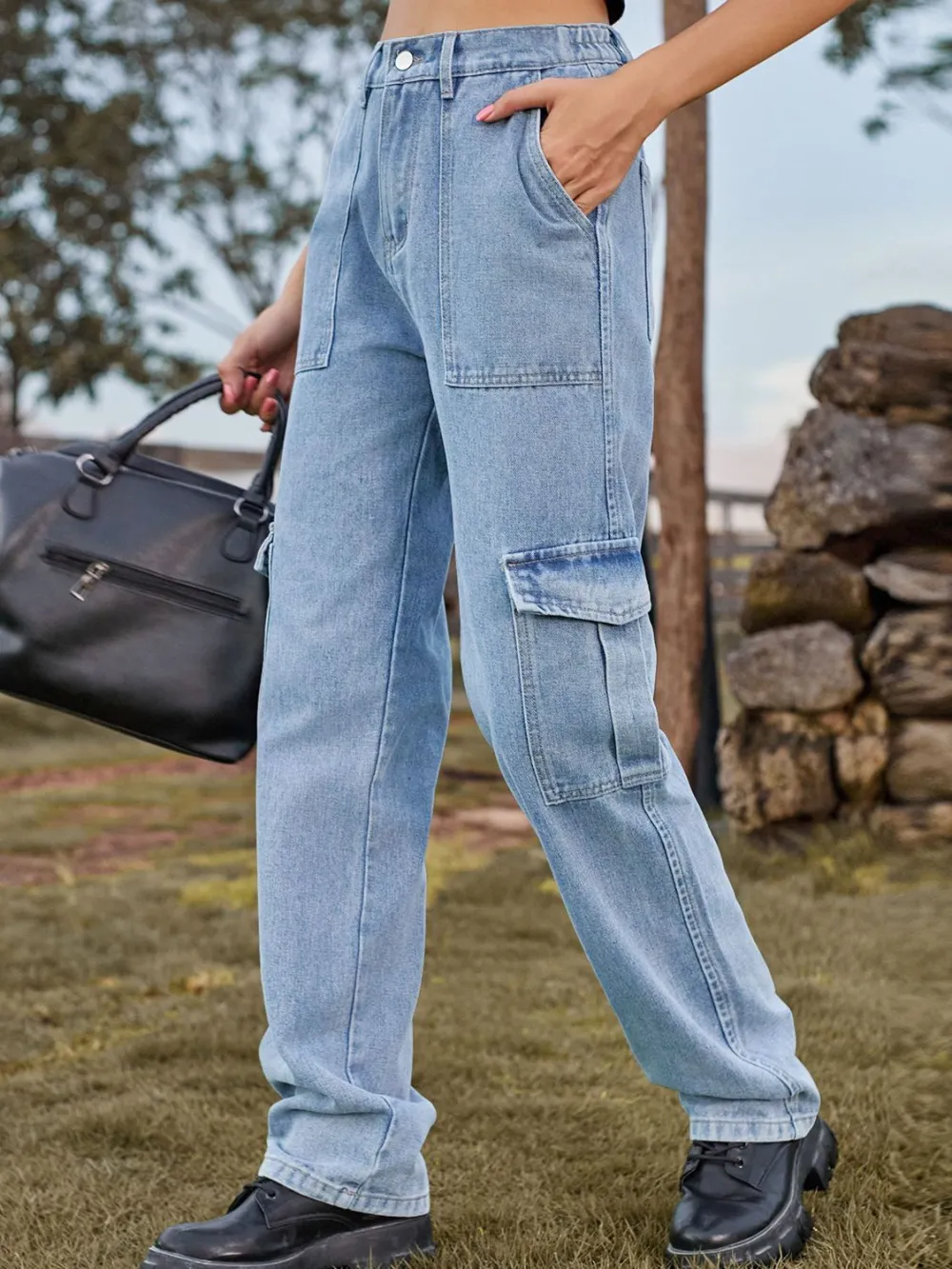 Relaxed High Waist Cargo Denim Jeans