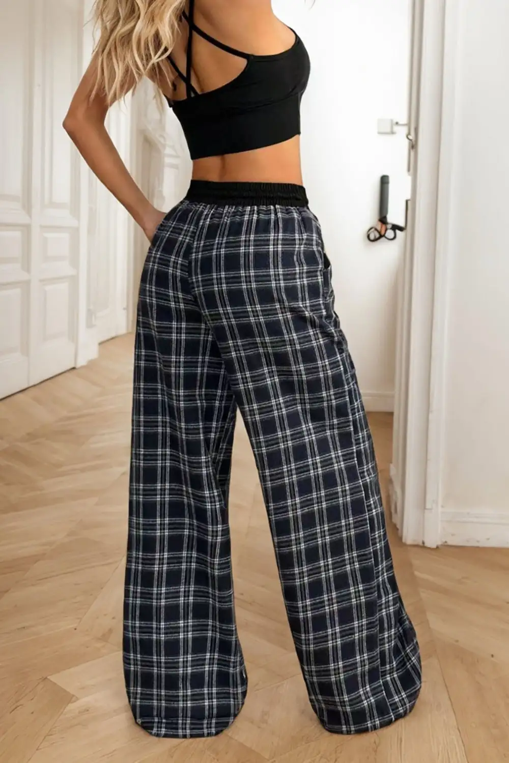 Textured Plaid Wide Leg Pants