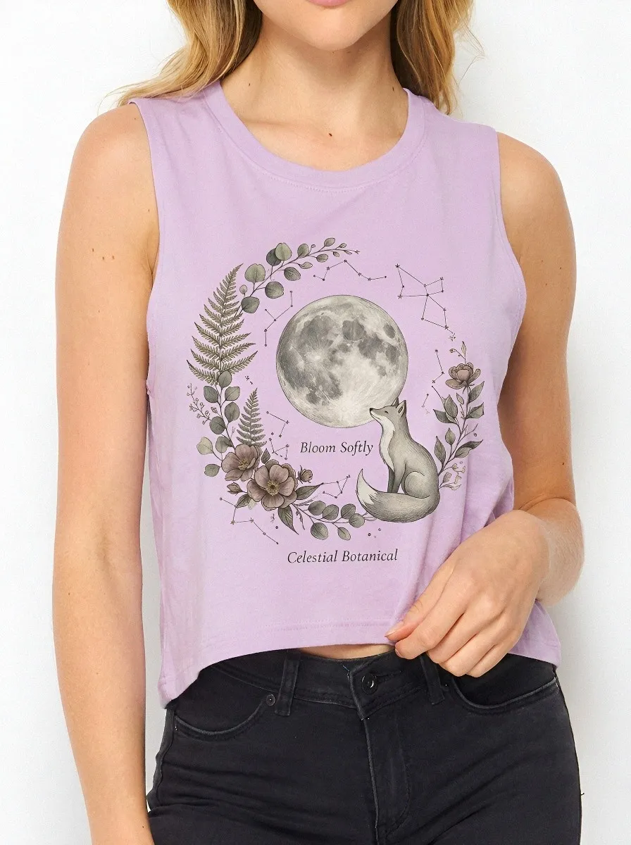 Women's Celestial Fox Moon Botanical Printed Crop Tank Top