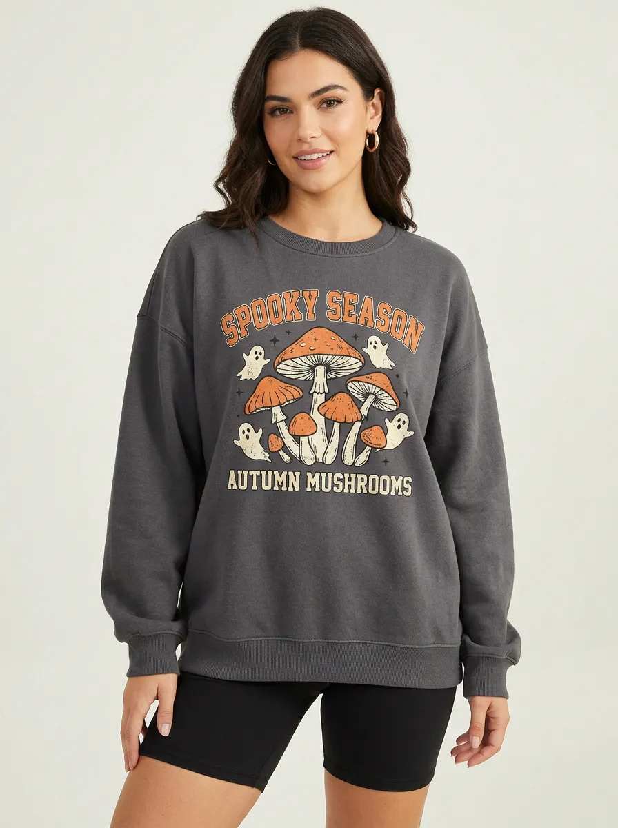 Women's Halloween Spooky Night  Ghost Mushroom Printed Sweatshirt
