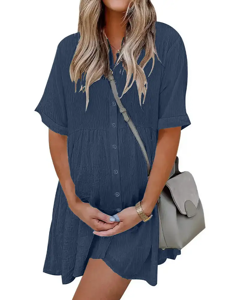 Effortless Button-Down Short Sleeve Shirt Dress With Pockets