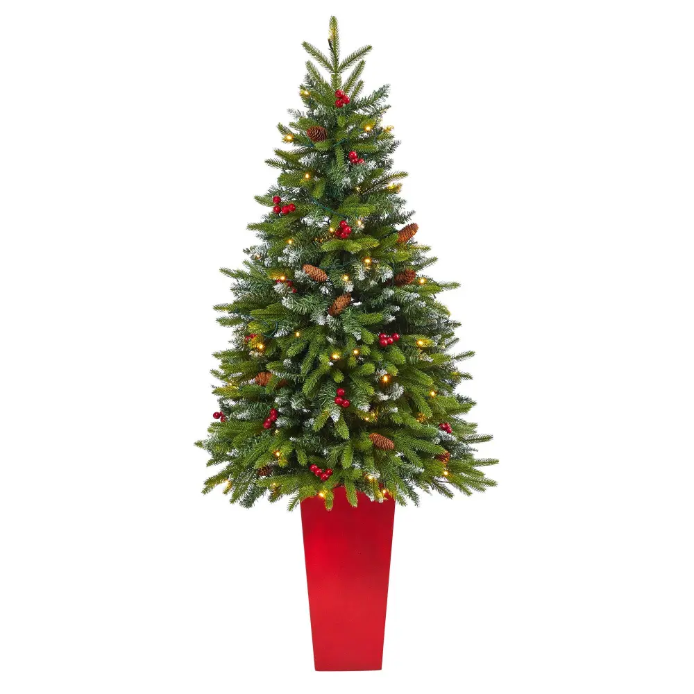 Snow Tipped Portland Spruce Artificial Christmas Tree with Frosted Berries and Pinecones with Clear LED Lights in Tower Planter