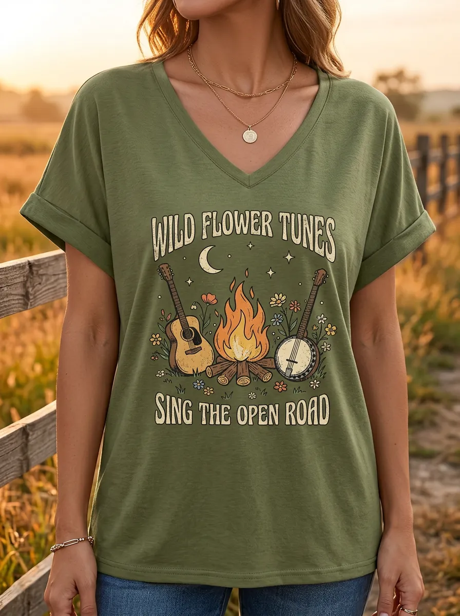 Western Guitar Banjo Women's Country Music V-Neck T-Shirt