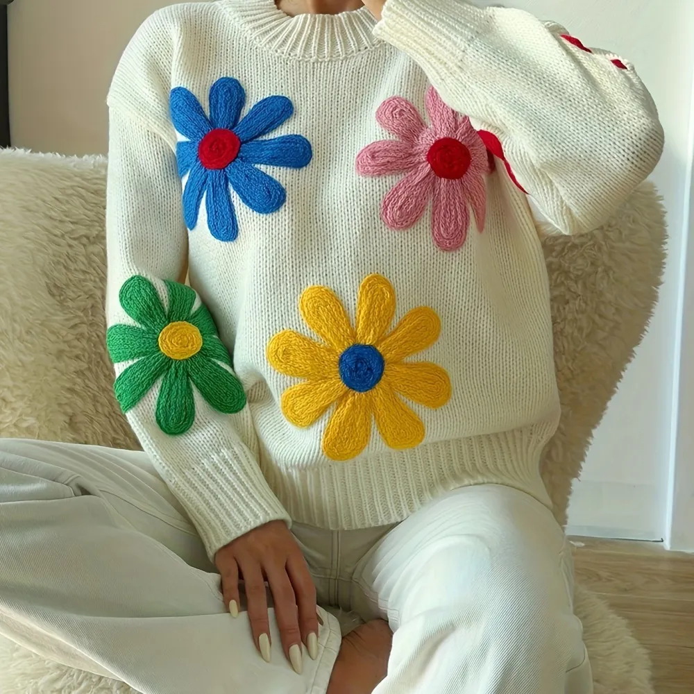 Floral Pattern Crew Neck Pullover Sweater Casual