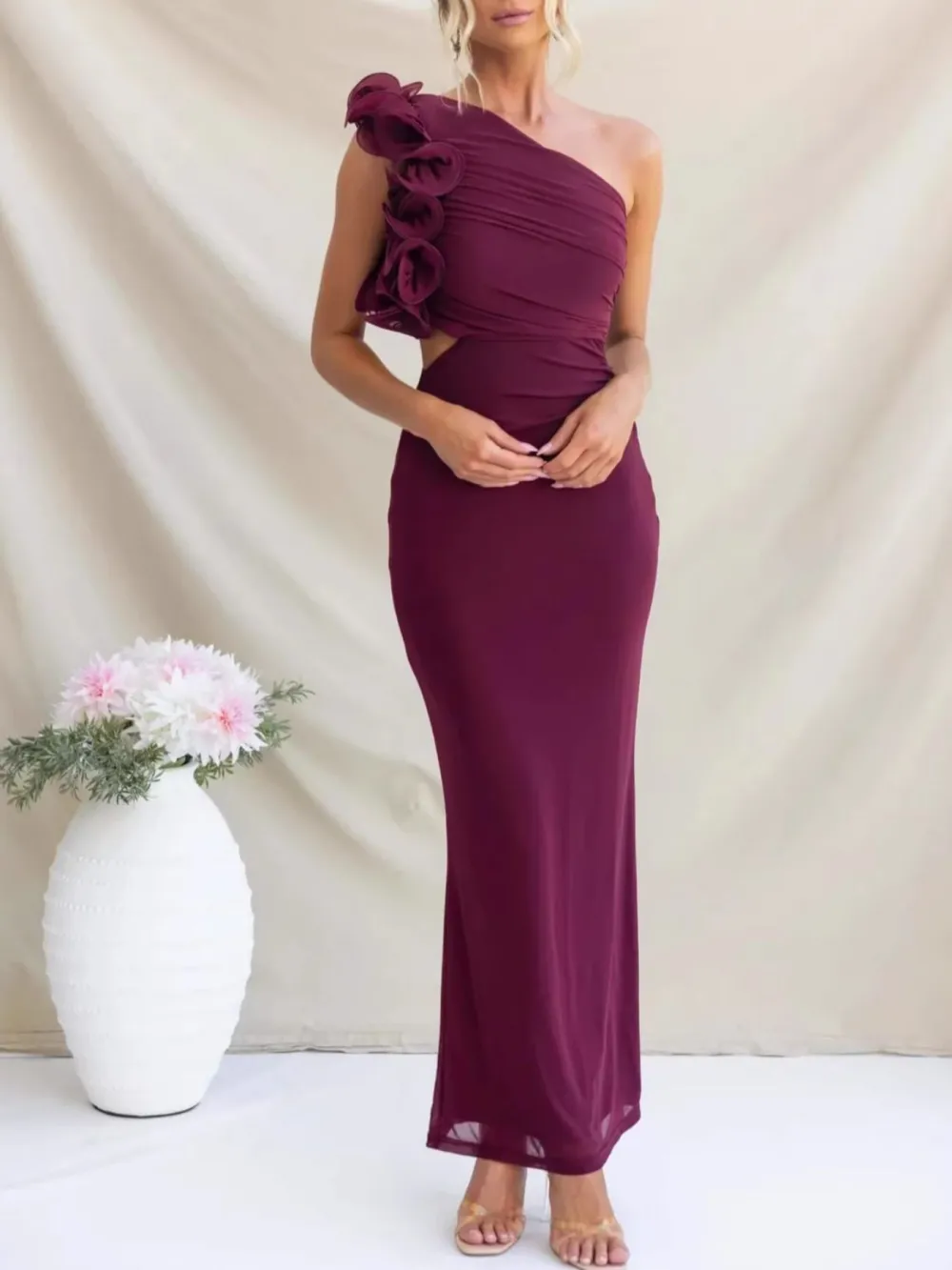 Ruched One-Shoulder Sleeveless Floral Maxi Dress