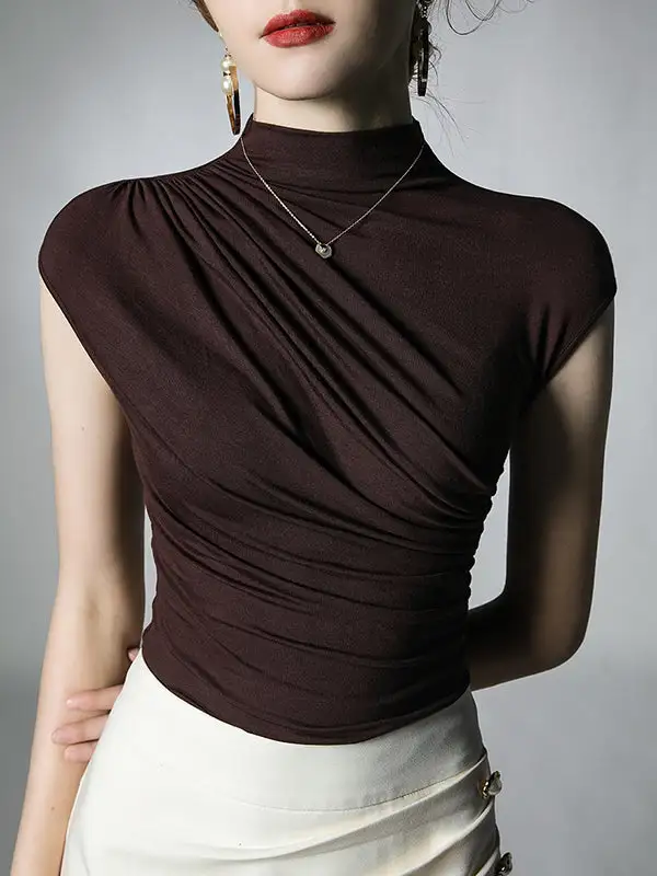 Slim Fit Pleat Detail Mock Neck T-Shirt