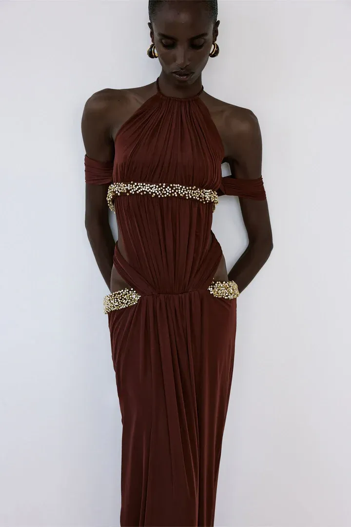 Esme Brown Halter Ruched Maxi Dress
