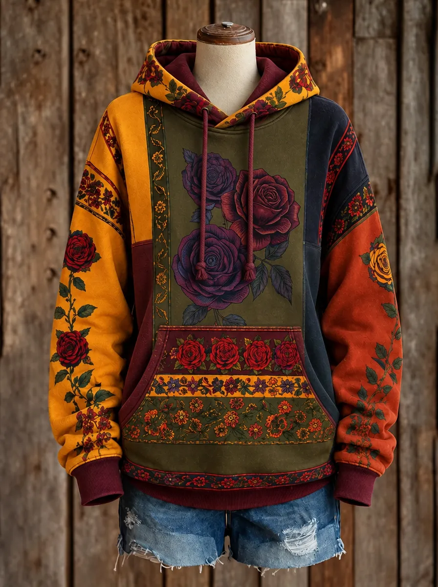 Women's Western Boho Rose Floral Patchwork Printed Hoodie