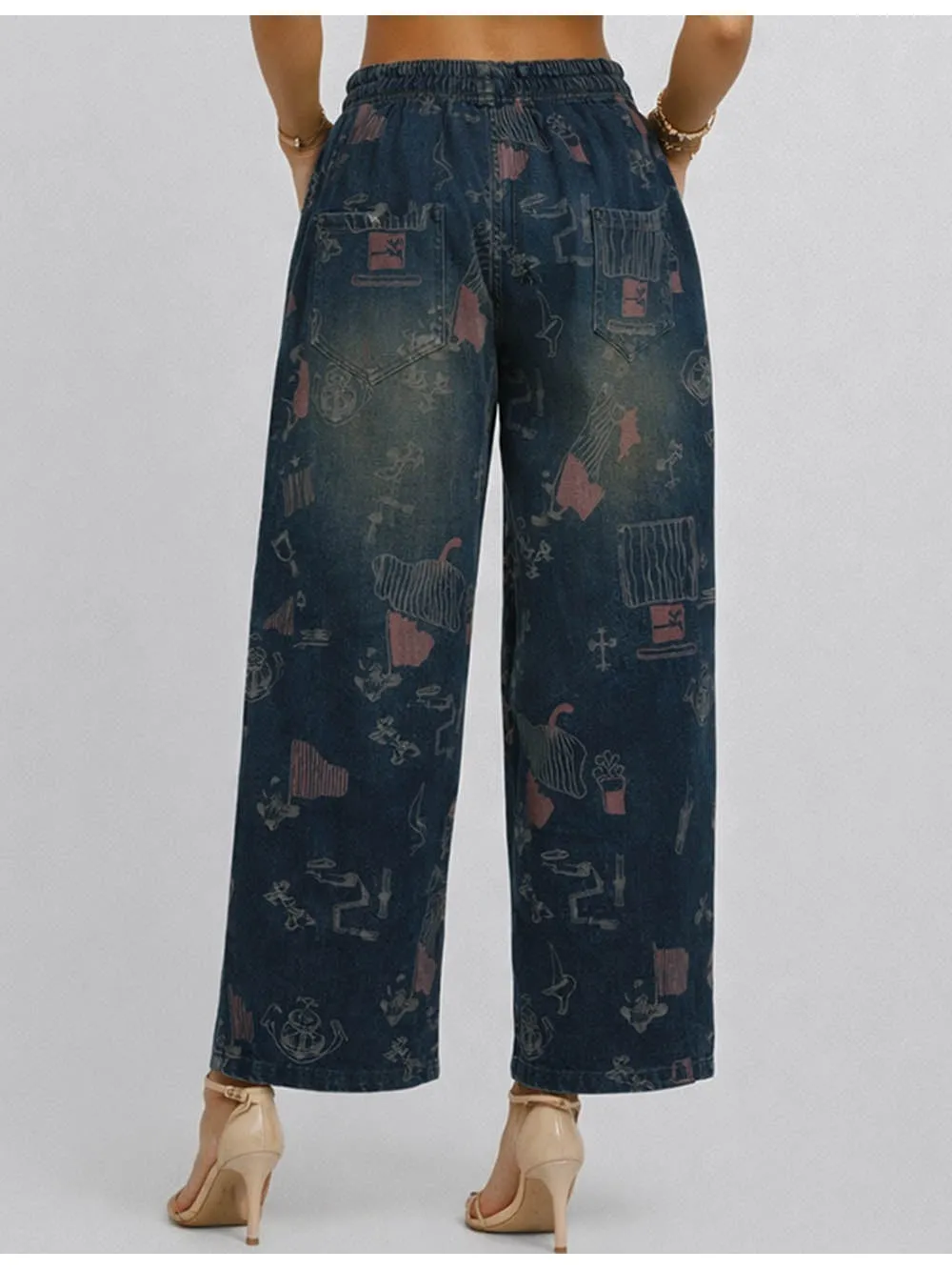 Graphic Elastic Waist Barrel Leg Denim Pants