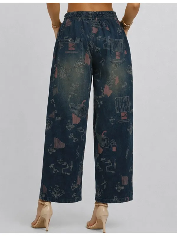 Graphic Elastic Waist Barrel Leg Denim Pants