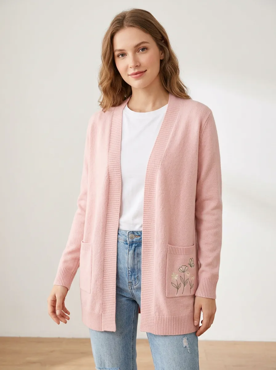 Women's Floral Butterfly Embroidered Pink Knitted Cardigan