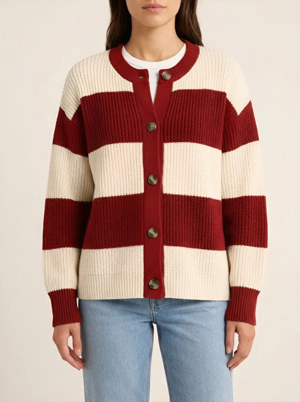 Easy Layer Distinctive Rugby Striped Knit Cardigan