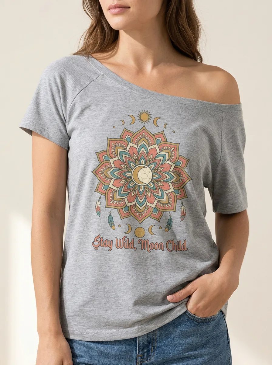 Women's Boho Moon Child Mandala Printed Off-Shoulder Top