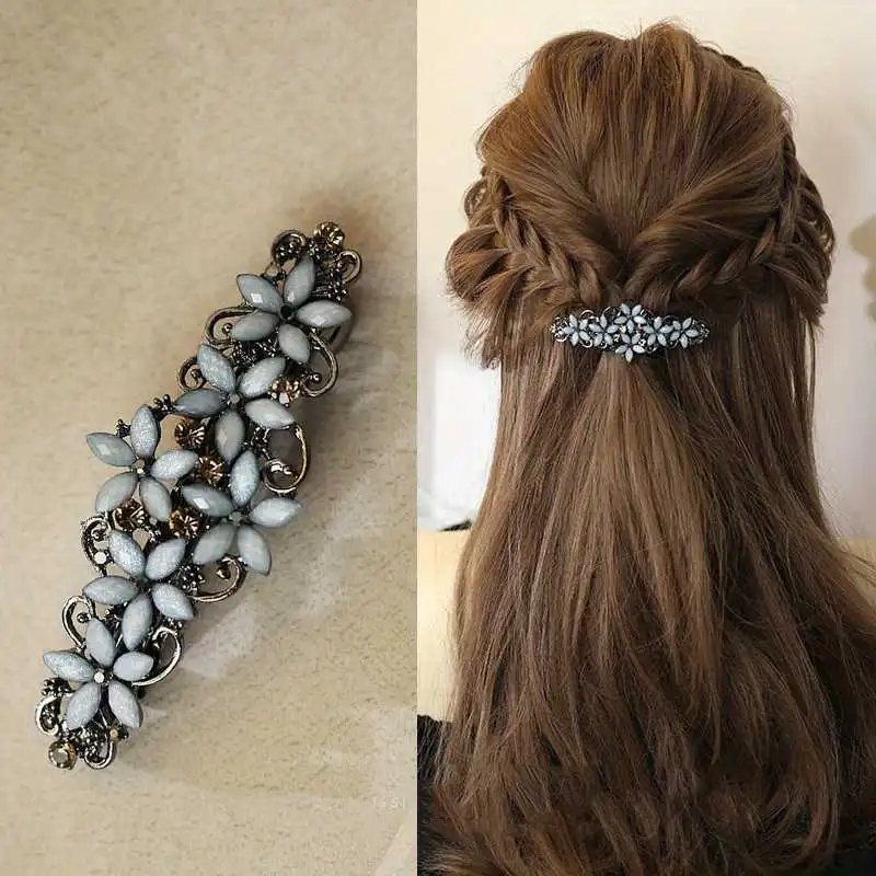 Vintage Flower Rhinestone Hairpin A Spring Clip For Ponytails