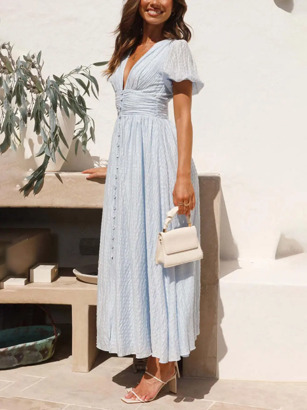 Puff Sleeve V Neck Long Oversized Midi Dress
