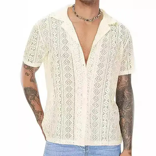 Men's Airy Crochet Knit Polo With Open V-Neck And Classic Collar