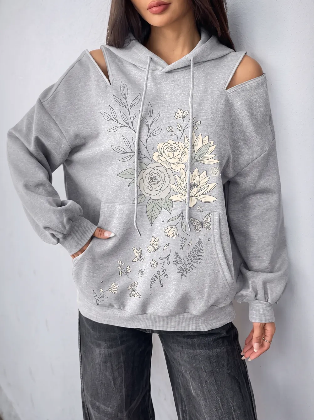 Women's Floral Butterfly Botanical Printed Cold Shoulder Hoodie